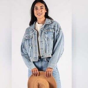 Pearl Embellished Denim Jacket  Oversized Women’s Small/Medium